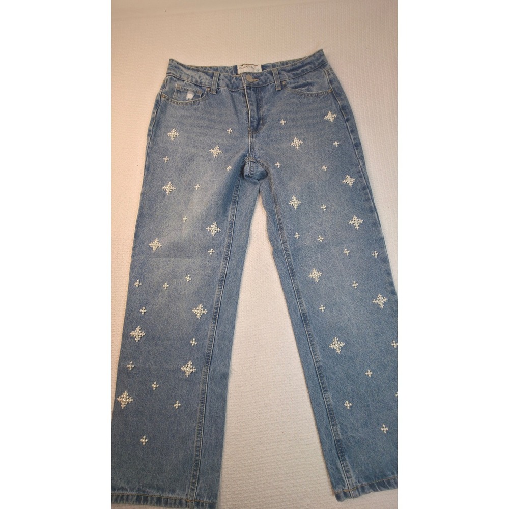 Banjara Pearl Embellished Jeans Women 9/28 Blue Straight Leg Distressed Faded